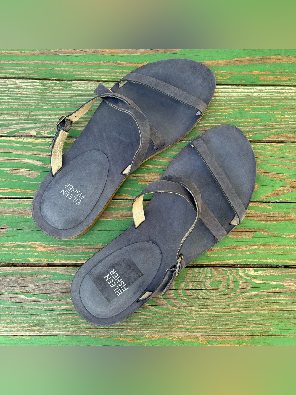 Eileen Fisher Dali Blue Nubuck Strappy Slip On  Slide Flat Sandal Womens Sz 8